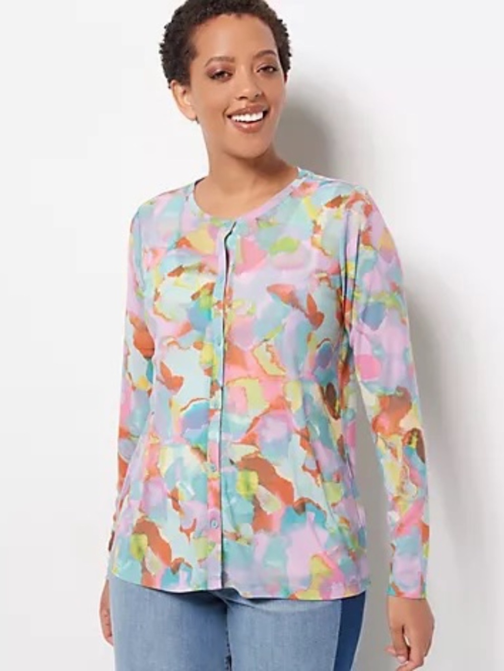 LOGO Layers by Lori Goldstein Watercolor Mesh Long Sleeve Button Up Shirt SZ 2X